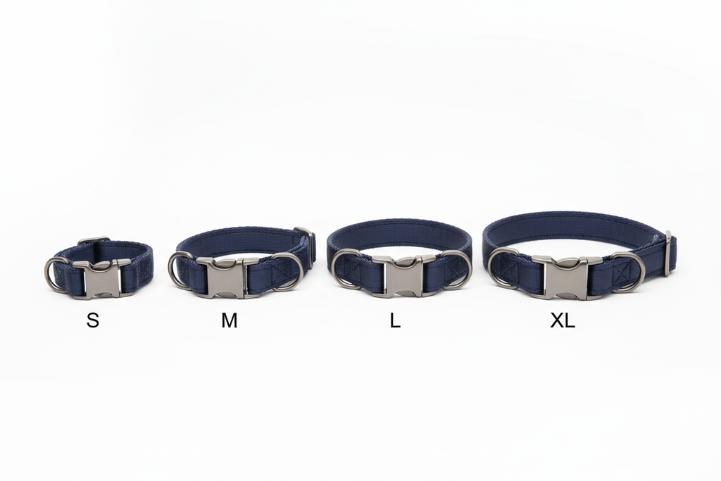 Adjustable dog collar shown in 4 sizes S M L XL