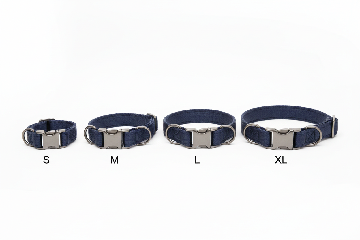 Adjustable dog collar shown in 4 sizes S M L XL