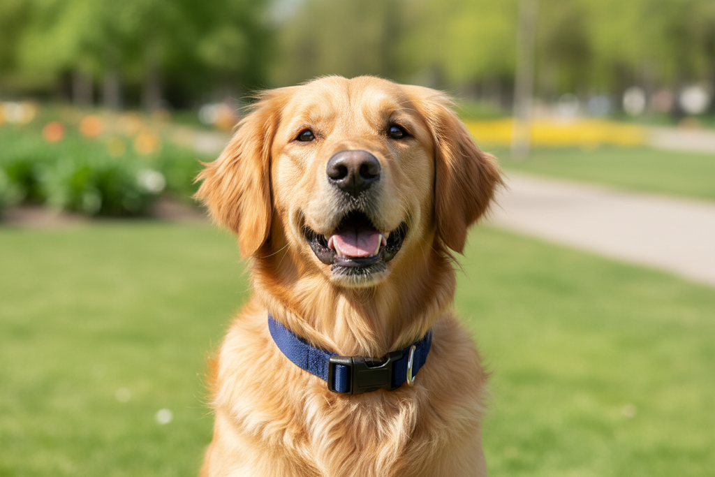 Dog wearing navy blue adjustable collar outdoors